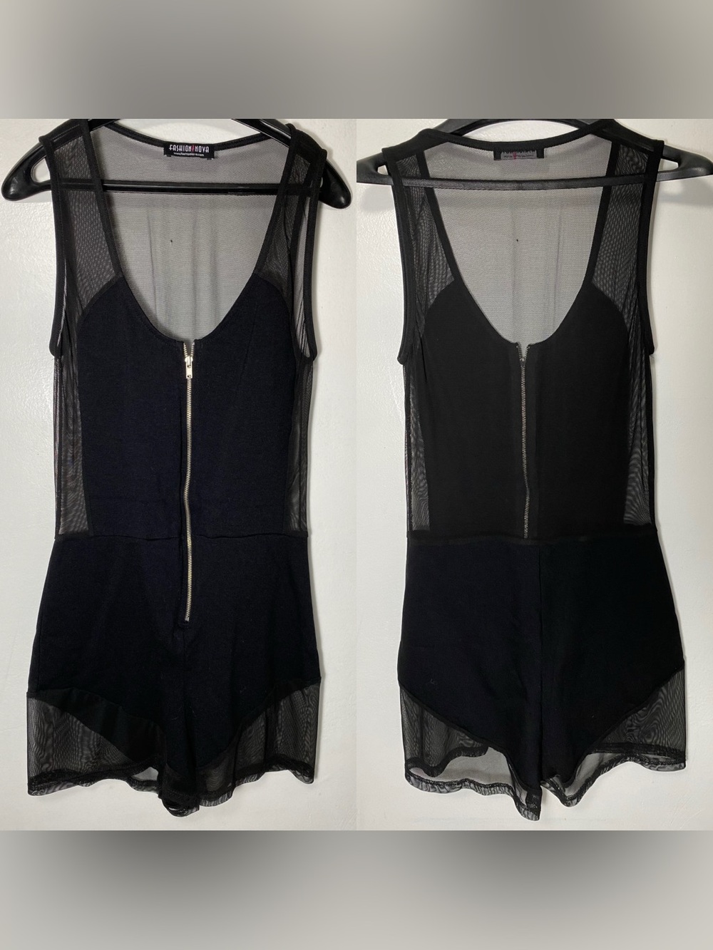 Fashion Nova Black Mesh-Trim Zip Front Bodysuit Romper